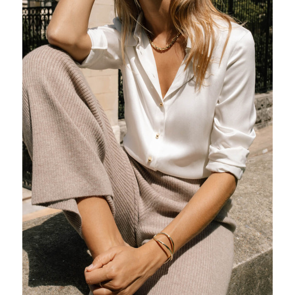 Ravella Luxury Silk Milano Button-Up Blouse LS Pearl White Gold Buttons Small 4 - Picture 9 of 16